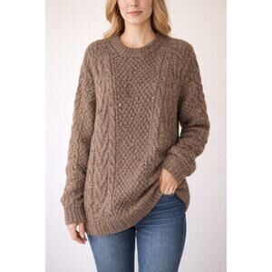 Vintage Athena Designs Aran Irish Fisherman Sweater Wool Cable Knit Brown Large